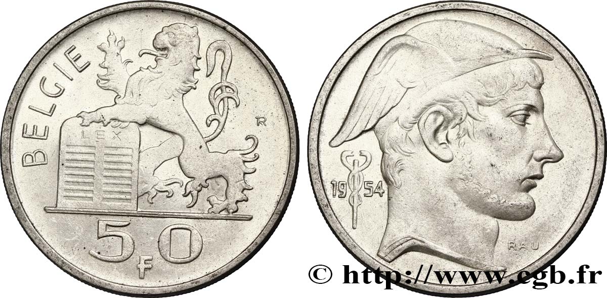 BELGIEN 50 Francs lion posé sur les tables de la loi / Mercure légende flamande 1954  VZ 