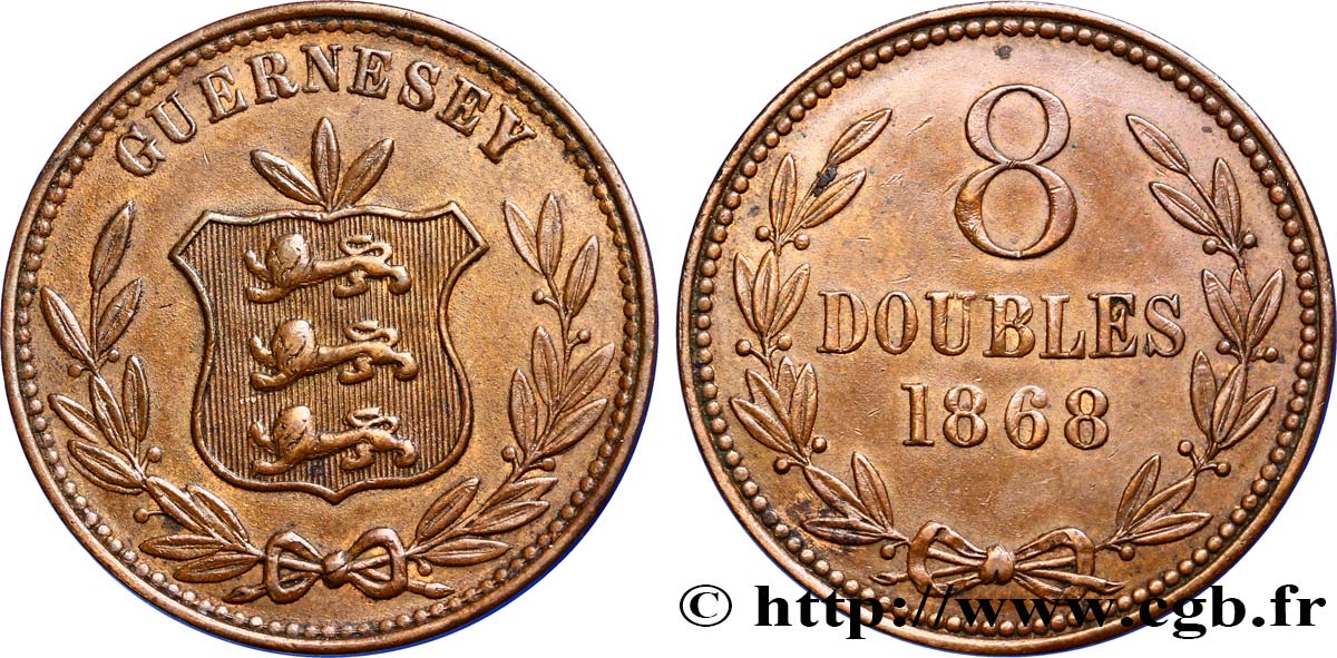 GUERNSEY 8 Doubles armes du baillage de Guernesey 1868 Heaton VF 