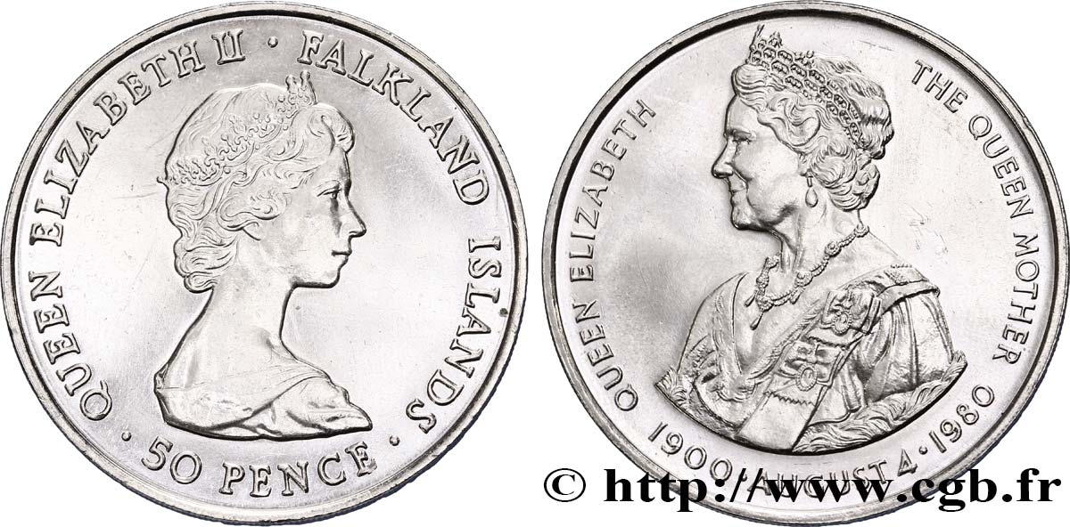 ISOLE FALKLAND 50 Pence 80e anniversaire de la Reine Mère 1980  SPL 