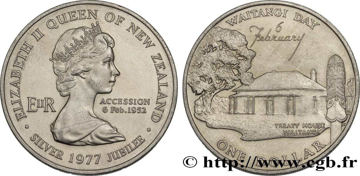 NUOVA ZELANDA
 1 Dollar 25e anniversaire de l’accession d’Elisabeth II et Waitangi Day 1977  SPL 