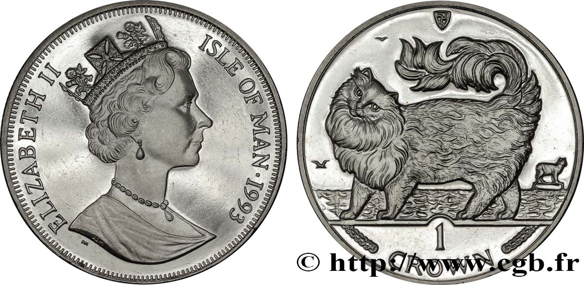 ISLE OF MAN 1 Crown Proof chat Maine Coon 1993  MS 