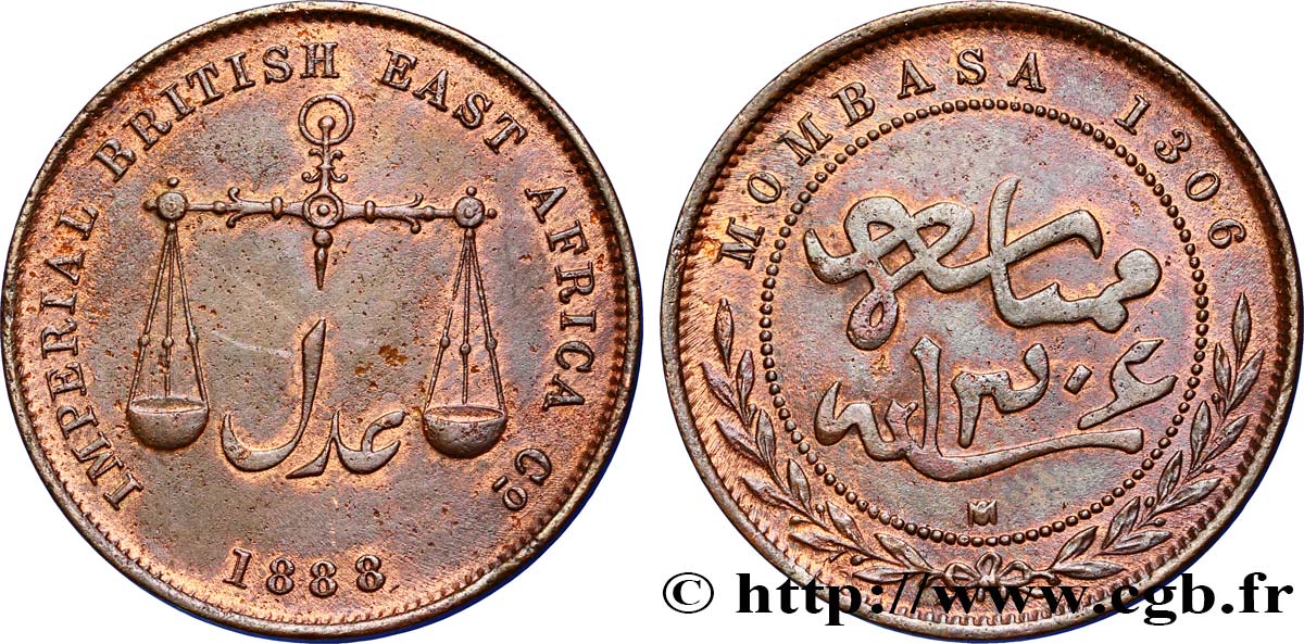 MOMBASA 1 Pice Imperial British East Africa Company AH1306 1888 Calcutta VZ 