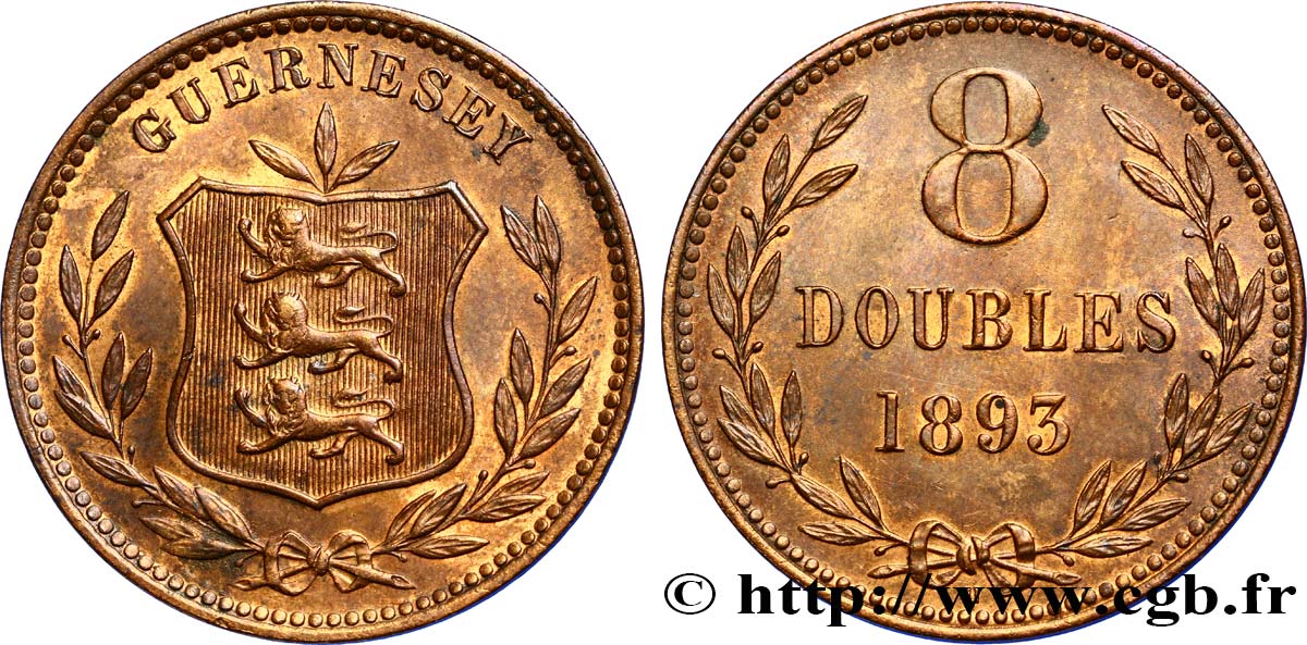 GUERNESEY 8 Doubles armes du baillage de Guernesey 1893 Heaton SUP 