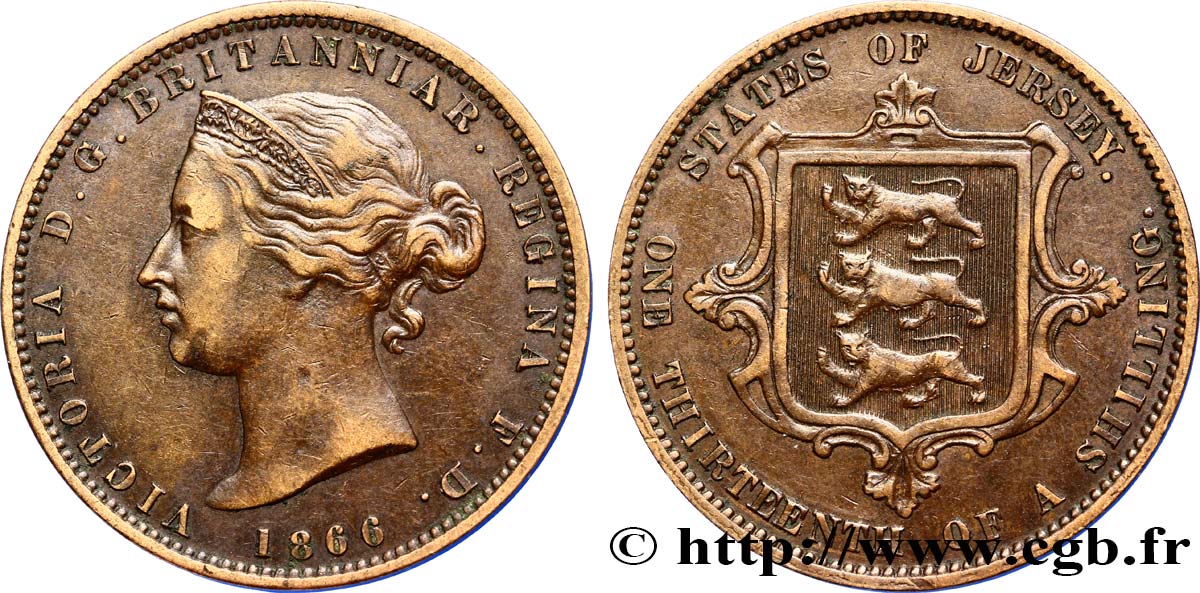 ISLA DE JERSEY 1/13 Shilling Reine Victoria / armes du Baillage de Jersey 1866  MBC 