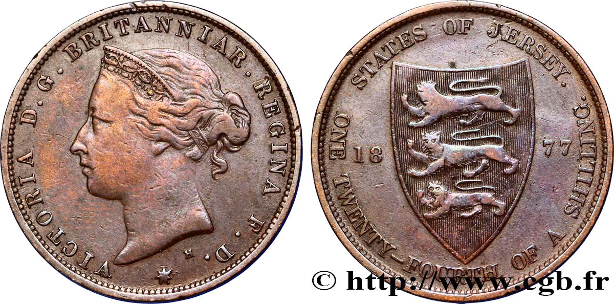 JERSEY 1/24 Shilling Reine Victoria 1877 Heaton XF 