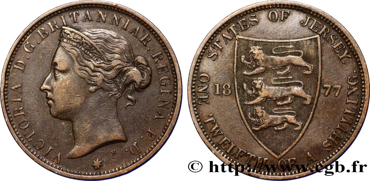 JERSEY 1/12 Shilling Reine Victoria / armes du Baillage de Jersey 1877 Heaton BB 