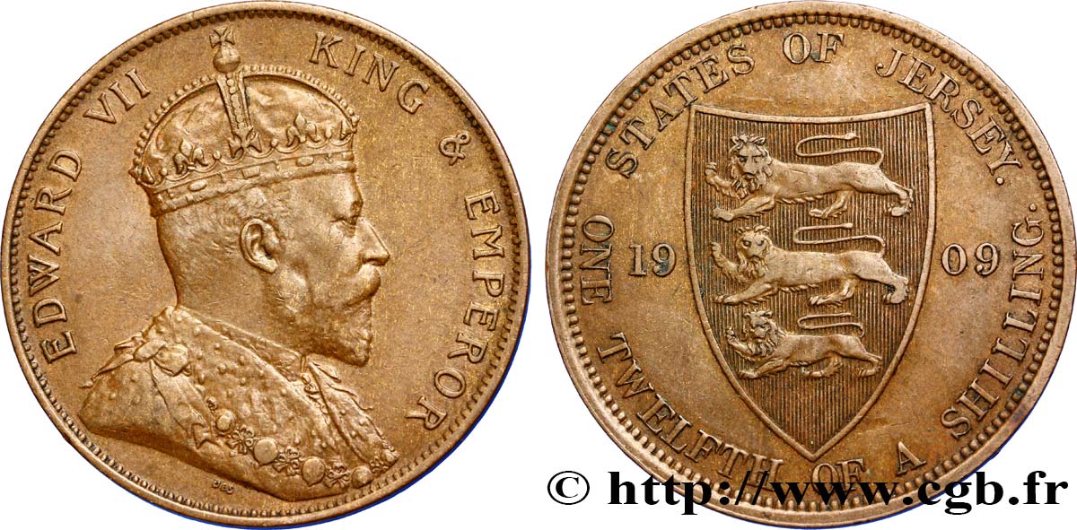 ISLA DE JERSEY 1/12 Shilling Edouard VII / armes du Baillage de Jersey 1909  MBC+ 