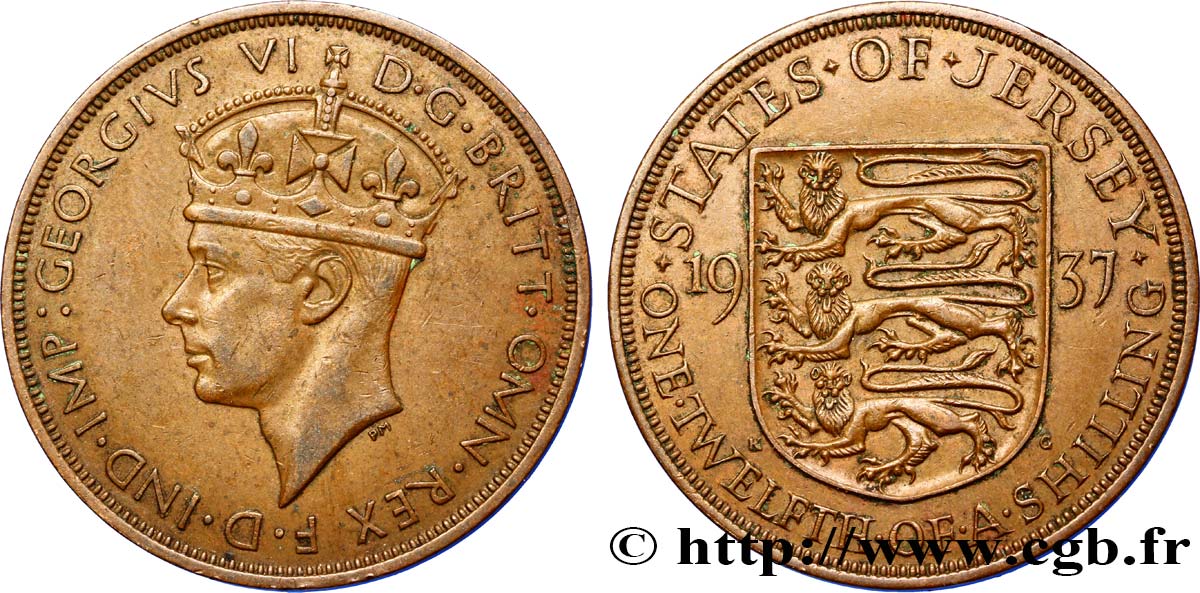 JERSEY 1/12 Shilling Georges VI / armes du Baillage de Jersey 1937  TTB 