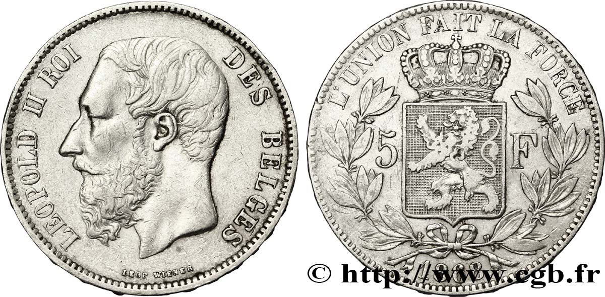 BÉLGICA 5 Francs Léopold II  1868  BC+ 