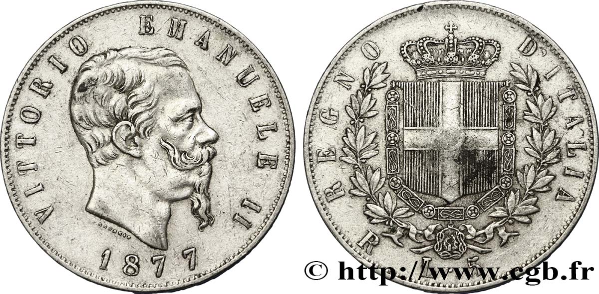 ITALIA 5 Lire Victor Emmanuel II 1877 Rome BC+ 