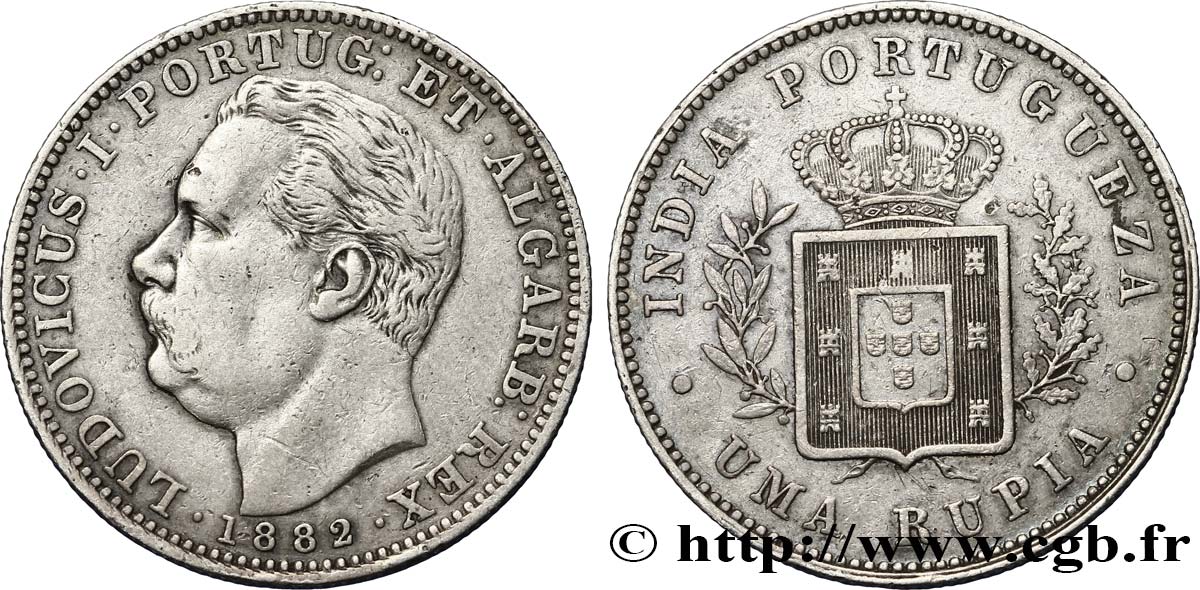 PORTUGUESE INDIA 1 Roupie Louis Ier / emblème couronné 1881  XF 