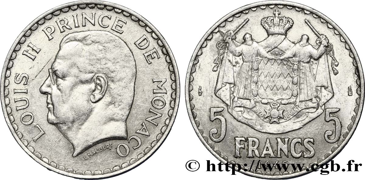 MONACO 5 Francs Louis II / armoiries 1945 Paris MBC 