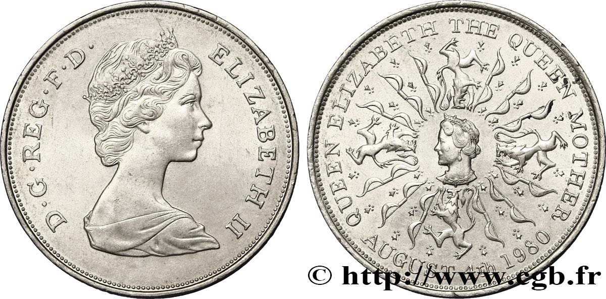REINO UNIDO 25 New Pence (1 Crown) 80e anniversaire de la reine mère 1980  EBC 
