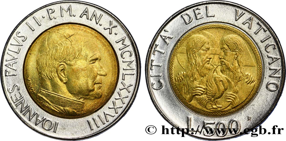 VATICAN AND PAPAL STATES 500 Lire Jean Paul II an X / Christ et colombe 1988 Rome MS 