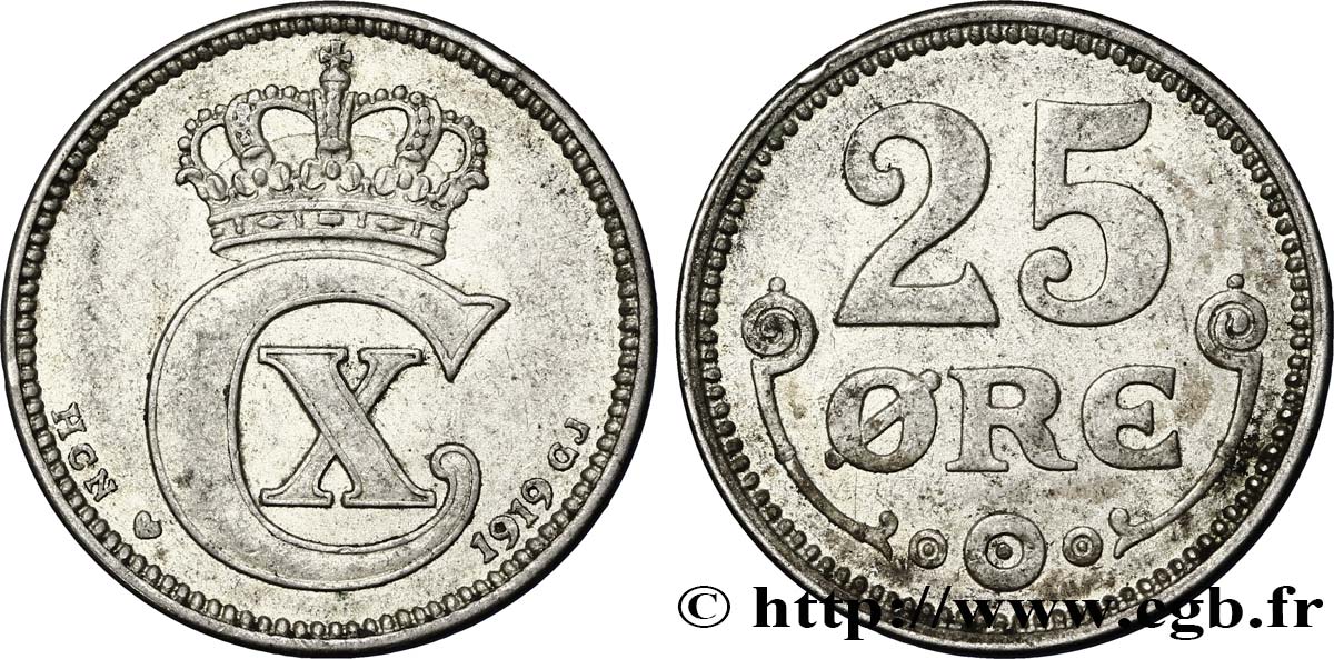 DINAMARCA 25 Ore monogramme de Christian X roi du Danemark 1919 Copenhague MBC+ 