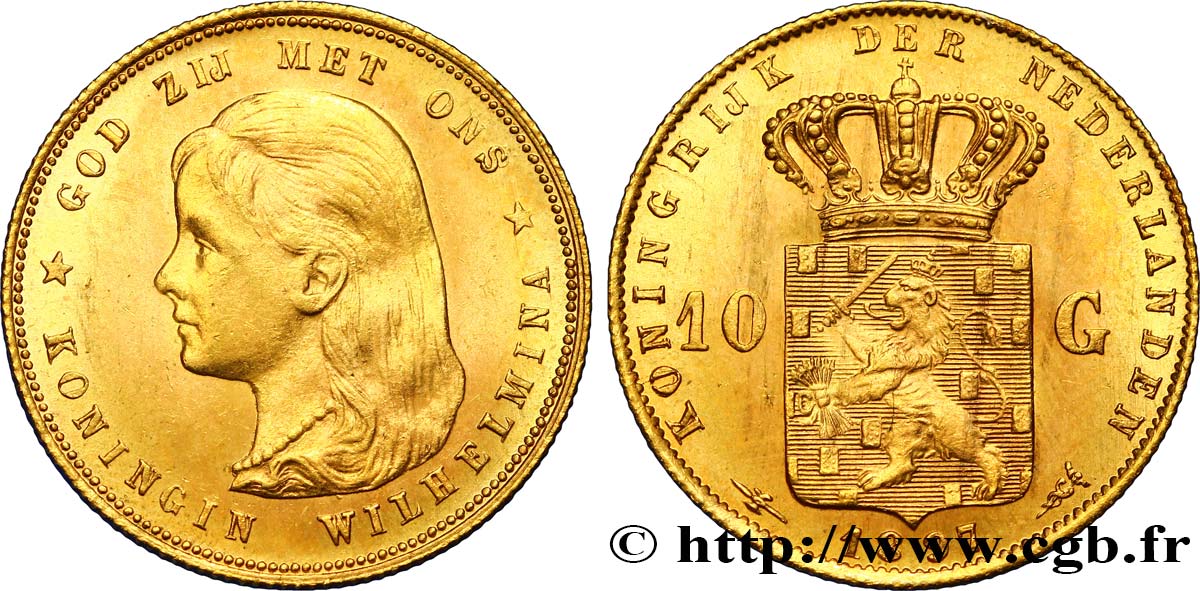 NETHERLANDS 10 Gulden or Reine Wilhelmina 1897 Utrecht MS 