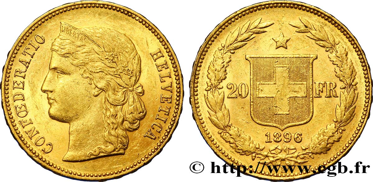 SUIZA 20 Francs or Helvetia 1896 Berne MBC+ 