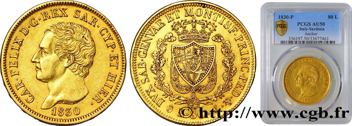 ITALY - KINGDOM OF SARDINIA 80 Lire Charles-Félix 1830 Gênes AU50 PCGS