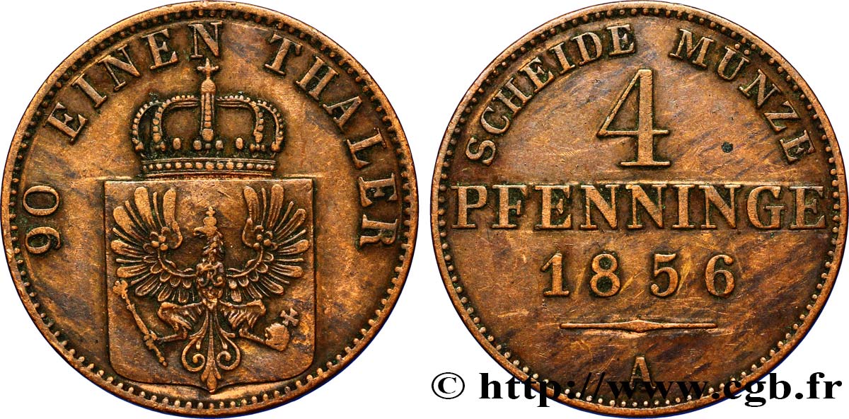 GERMANIA - PRUSSIA 4 Pfenninge Royaume de Prusse écu à l’aigle 1850 Berlin BB 