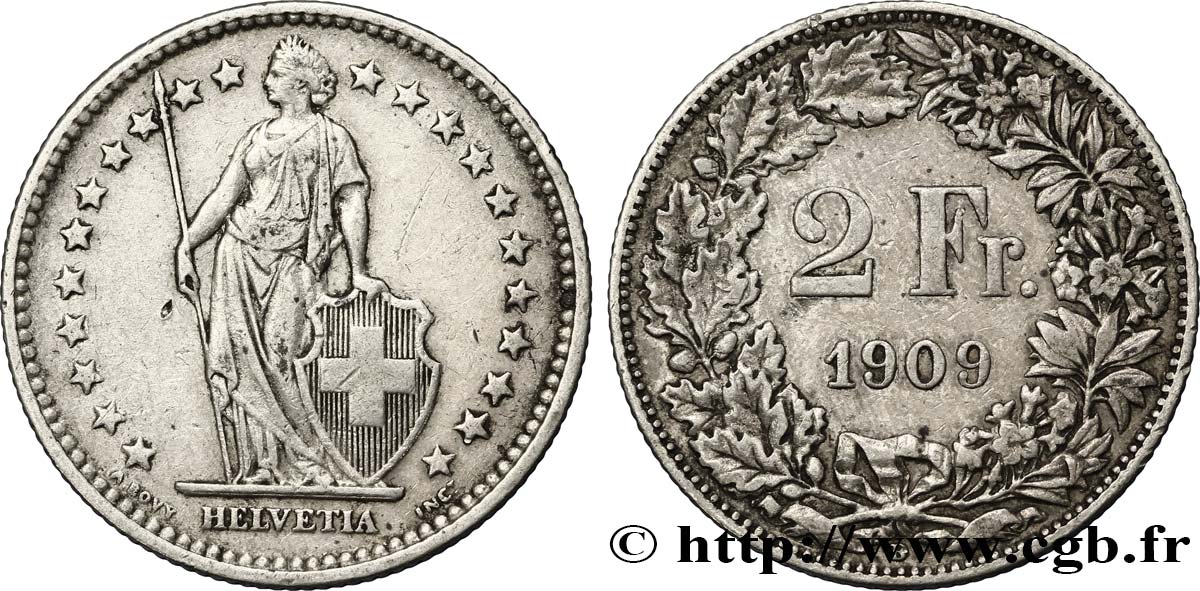 SUIZA 2 Francs Helvetia 1909 Berne - B BC+ 