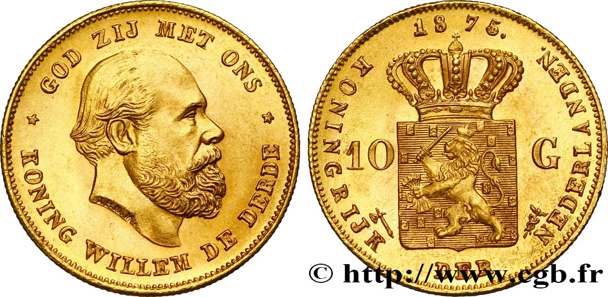 NETHERLANDS 10 Gulden Guillaume III, 1e type 1875 Utrecht MS 