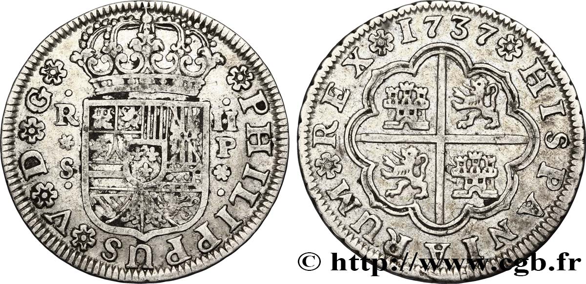 SPANIEN 2 Reales au nom de Philippe V 1737 Séville SS 
