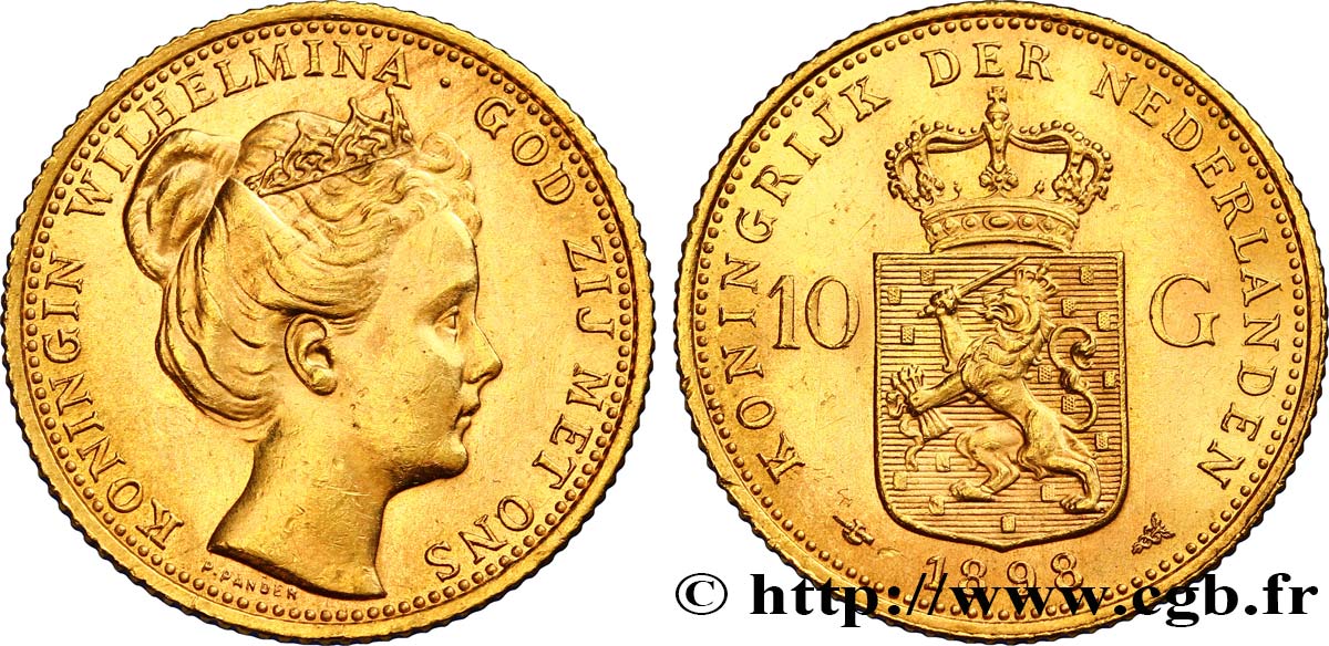 NETHERLANDS 10 Gulden or Reine Wilhelmina 1898 Utrecht AU 
