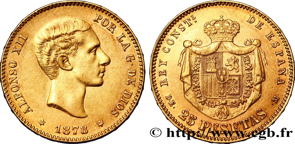 SPAIN 25 Pesetas Alphonse XII 1878 Madrid AU 
