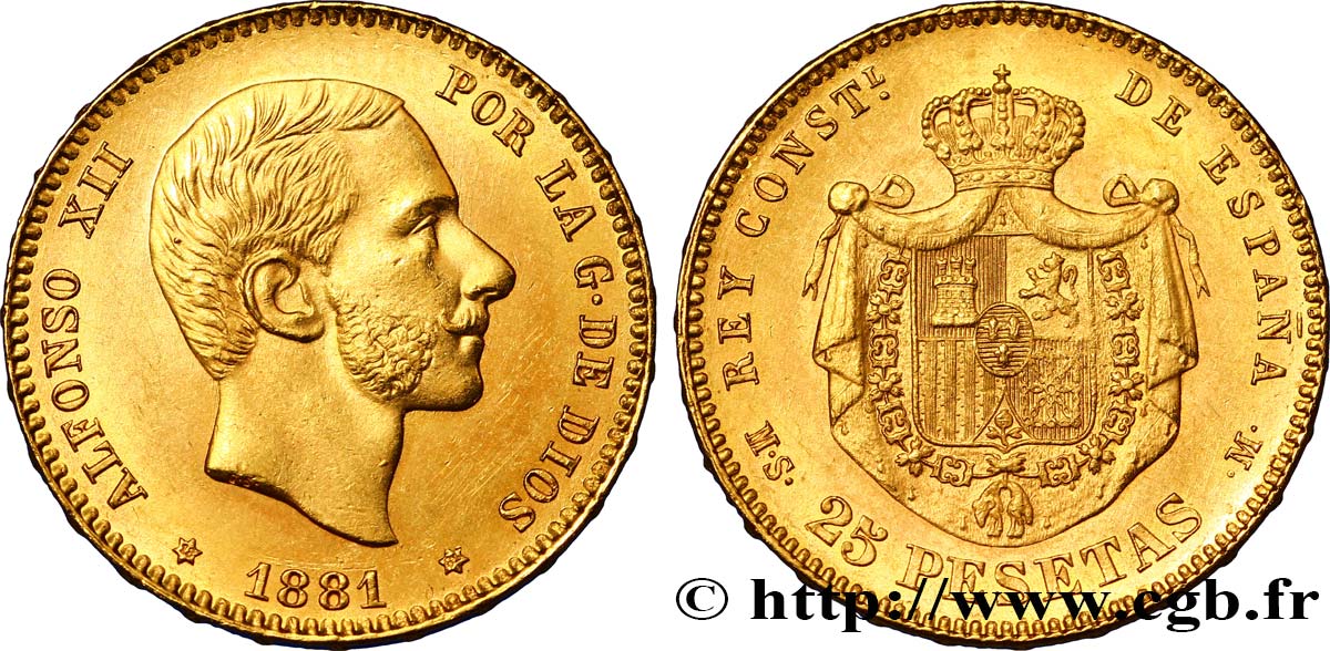 SPANIEN 25 Pesetas or Alphonse XII 1881 Madrid VZ 