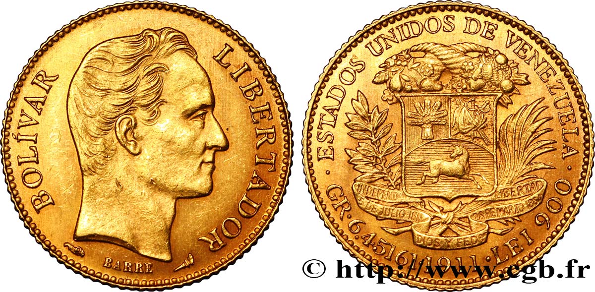 VENEZUELA 20 Bolivares or Simon Bolivar 1911 Paris EBC 