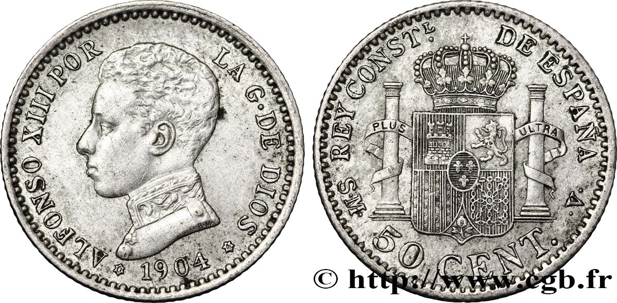 SPAIN 50 Centimos Alphonse XIII / emblème couronné S.M. - .V. 1904 Madrid AU 