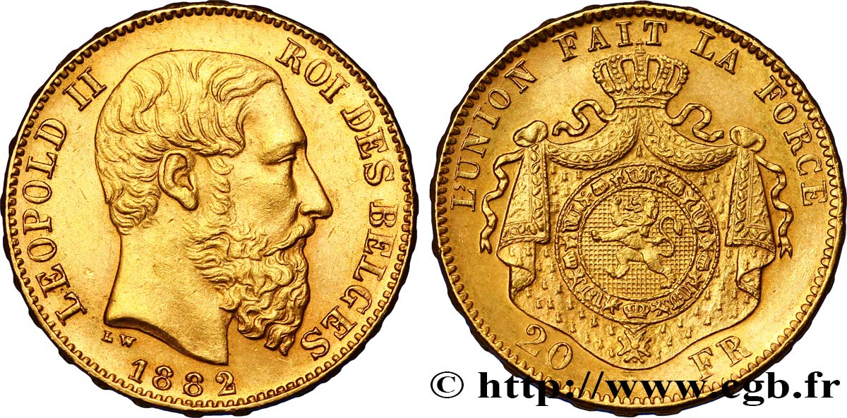 BELGIUM 20 Francs or Léopold II, 4e type 1882 Bruxelles AU 