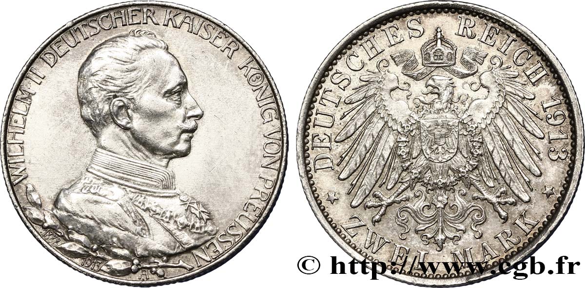 GERMANY - PRUSSIA 2 Mark jubilé, Royaume de Prusse, Guillaume II en uniforme / aigle 1913 Berlin AU 