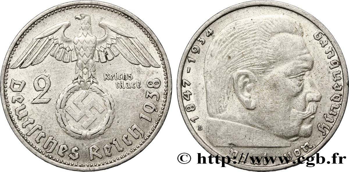 ALEMANIA 2 Reichsmark Maréchal Paul von Hindenburg 1938 Vienne - B MBC+ 