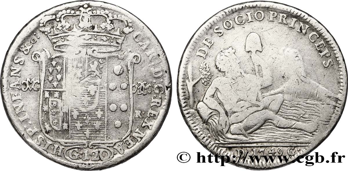 ITALIE - ROYAUME DE NAPLES 120 Grana frappe au nom de Charles III d’Espagne / allégorie du Sebeto 1749 Naples TB 