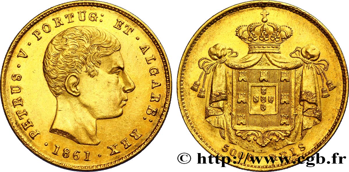 PORTUGAL 5000 Reis ou demi-couronne d or (Meia Coroa)  Pierre V 1861  MBC+ 