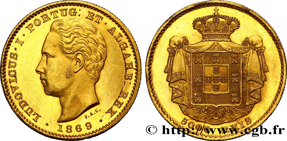 PORTOGALLO 5000 Reis ou demi-couronne d or (Meia Coroa) Louis Ier 1869  SPL 