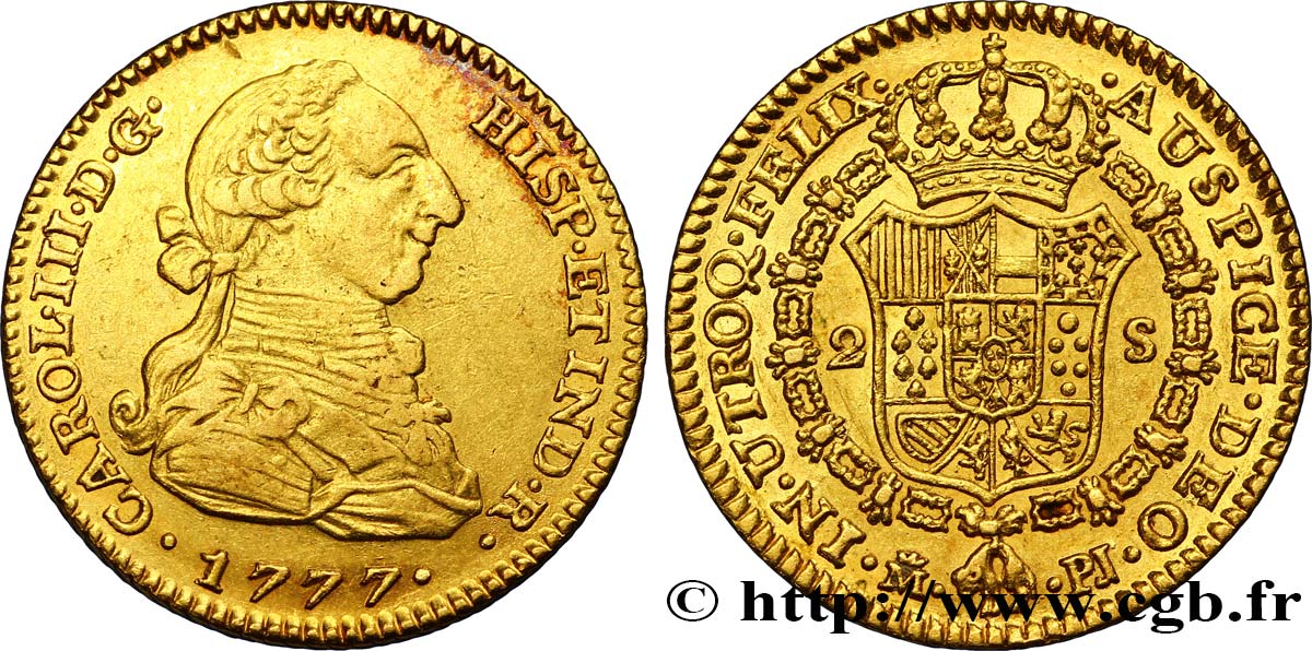 SPANIEN 2 Escudos Or Charles III  1777 Madrid SS 