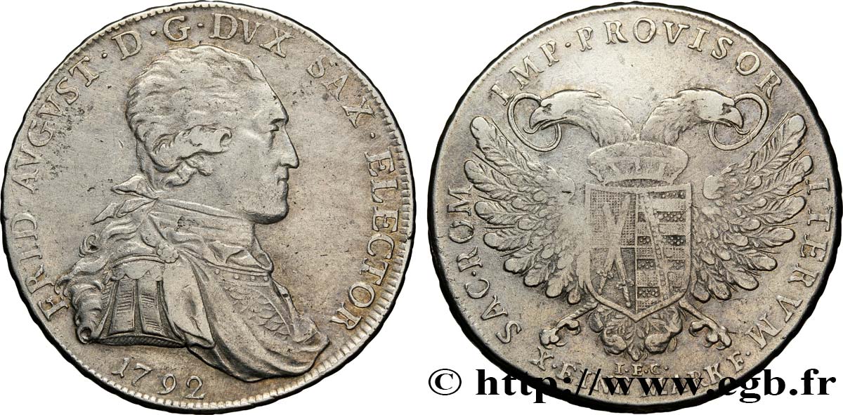 GERMANY - ELECTORATE OF SAXONY - FREDERICK-AUGUSTUS III Thaler 1792 Dresde XF 
