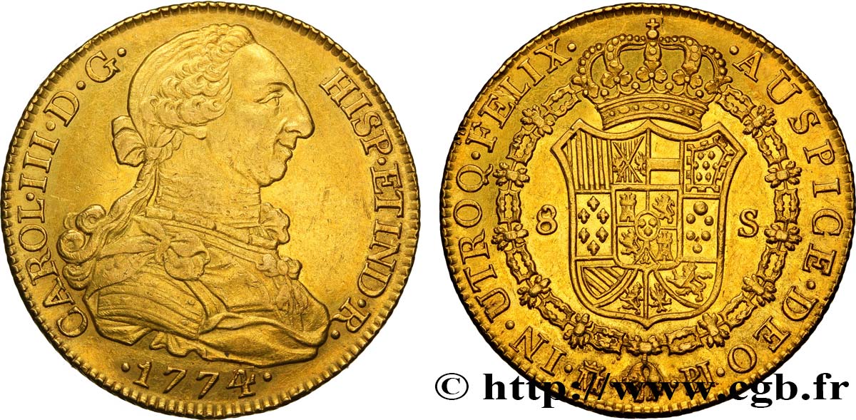 ESPAÑA - REINO DE ESPAÑA - CARLOS III 8 escudos 1774 Madrid MBC+/EBC 