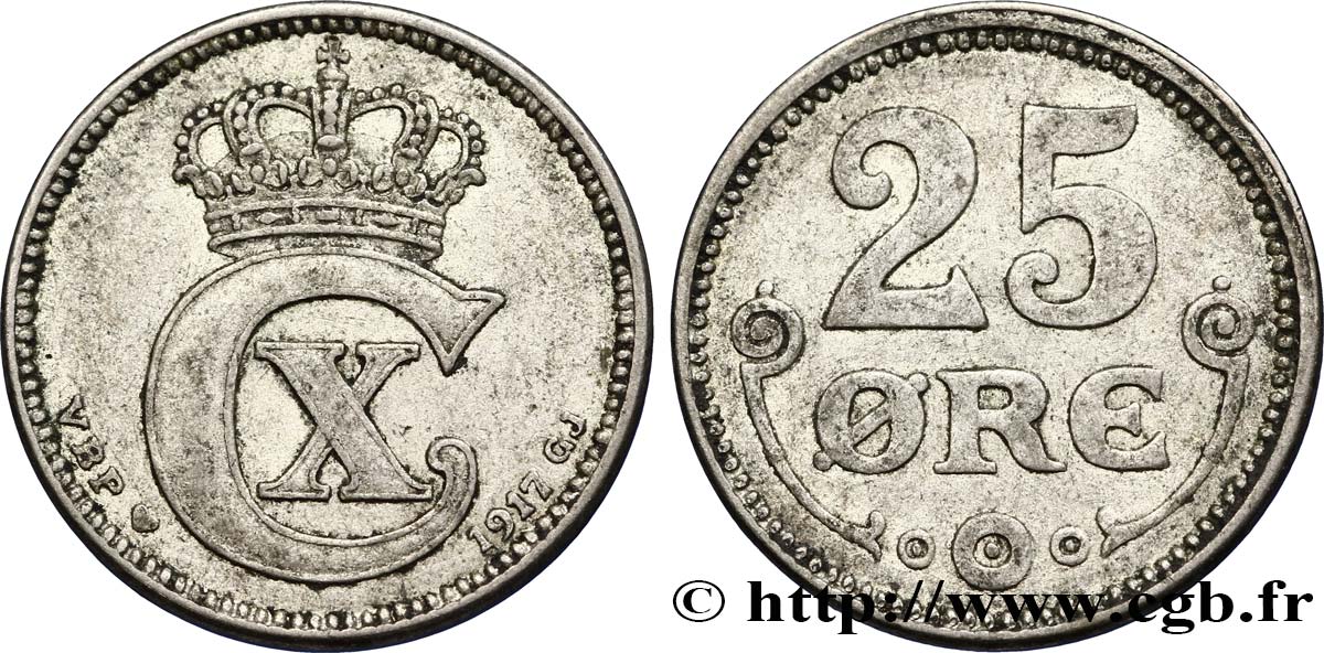 DINAMARCA 25 Ore monogramme de Christian X roi du Danemark 1917 Copenhague BB 