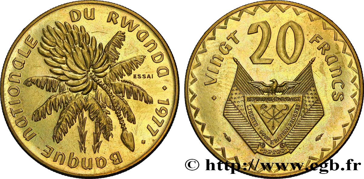 RWANDA Essai de 20 Francs emblème 1977 Paris SPL 