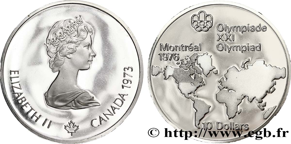 CANADá
 10 Dollars Proof JO Montréal 1976 carte du Monde / Elisabeth II 1973  FDC 