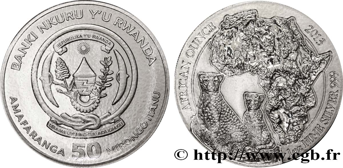 RUANDA 50 Francs (1 once) emblème / léopards et carte de l’Afrique 2013  FDC 