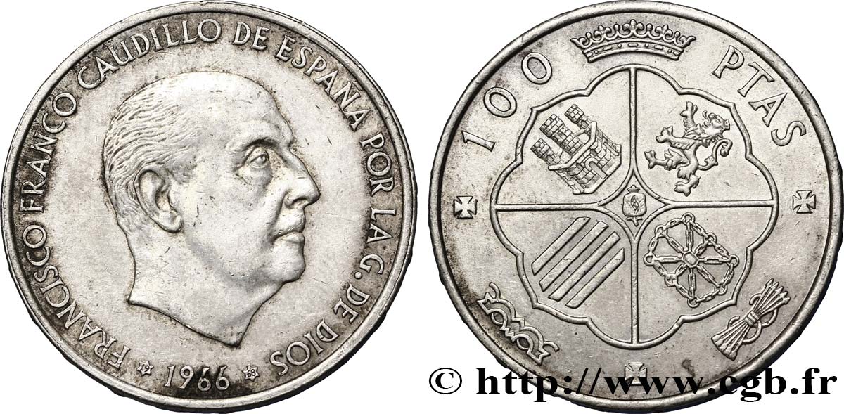 SPANIEN 100 Pesetas Francisco Franco (1968 dans les étoiles) 1966  fVZ 