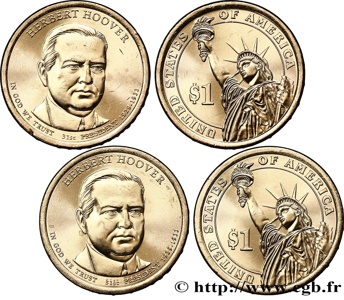 STATI UNITI D AMERICA Lot de deux monnaies 1 Dollar Herbert Hoover 2014 Denver FDC 