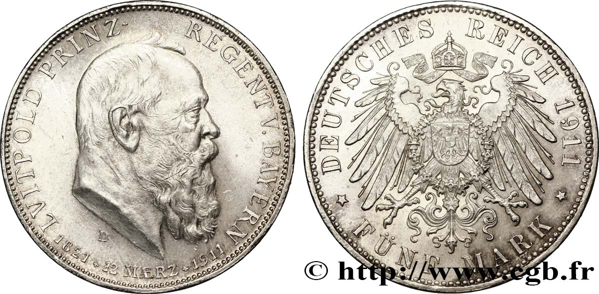 GERMANY - BAVARIA 5 Mark Léopold 1911 Munich  MS 