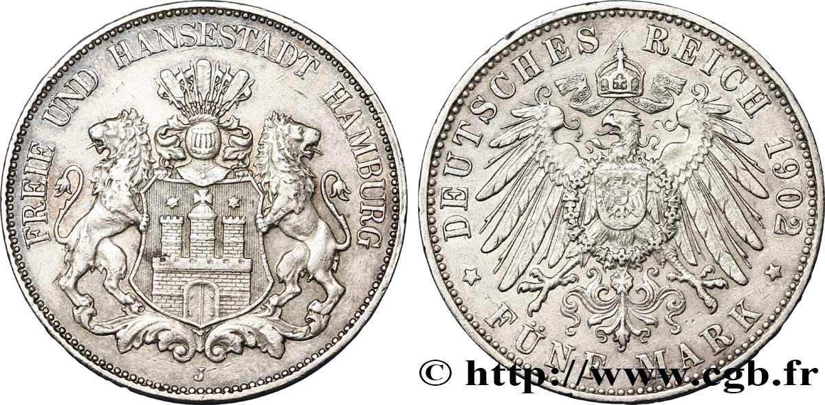 GERMANIA - LIBERA CITTA DE AMBURGO 5 Mark blason de Hambourg 1902 Hambourg q.SPL 