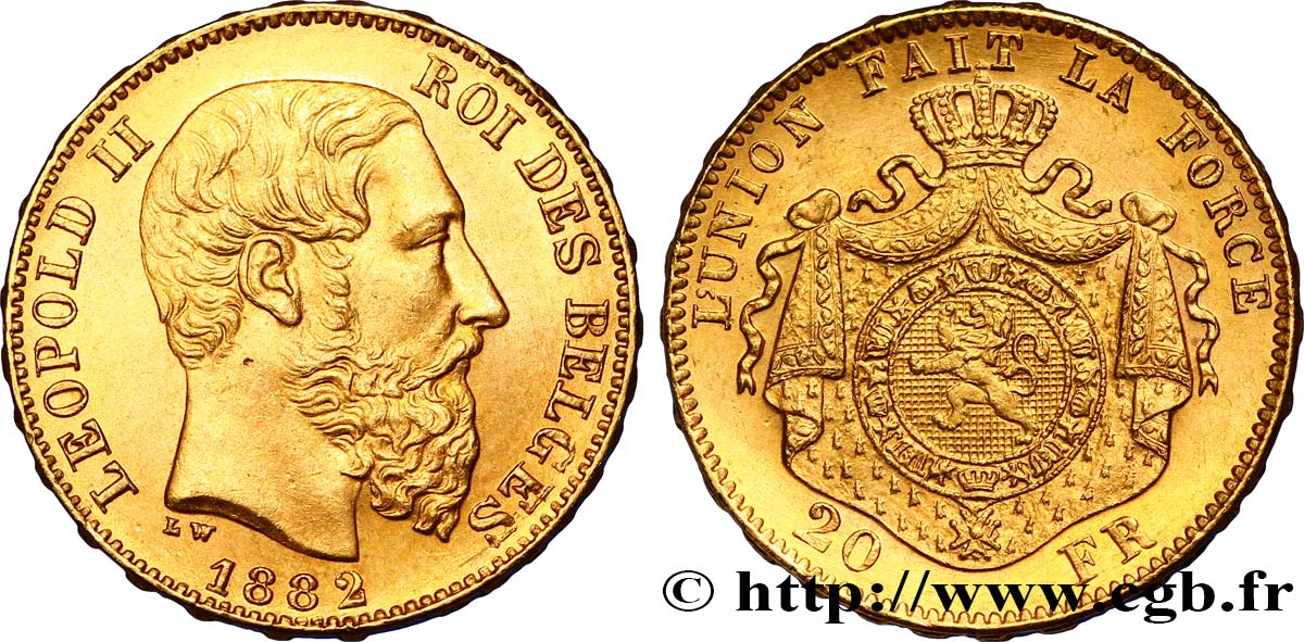 BELGIEN 20 Francs Léopold II 1882 Bruxelles fST64 