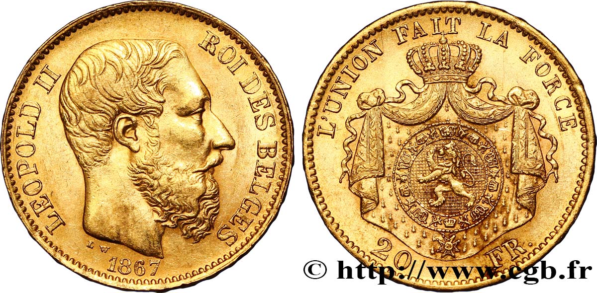 BELGIEN 20 Francs or Léopold II  tranche position B 1867 Bruxelles fST 